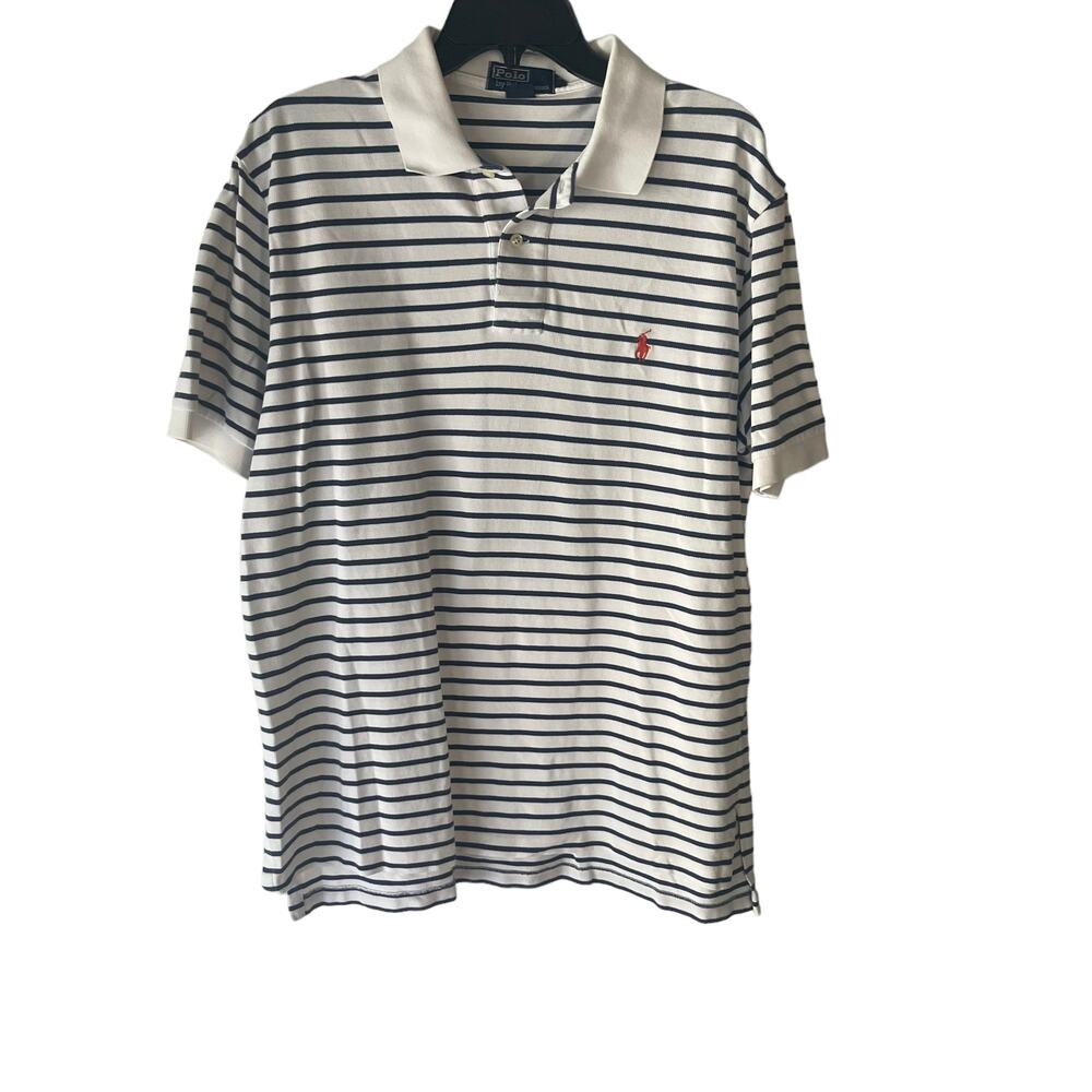 Polo By Ralph Lauren Men's Size Large White Blue Striped Short Sleeve Polo‎